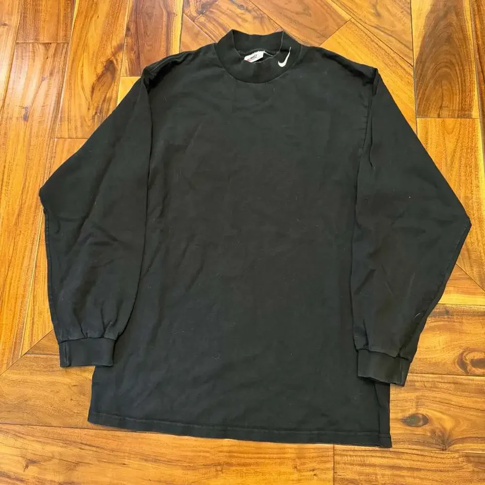 90s White Tag Vintage Nike Mini Swoosh Black Mock Neck Long Sleeve Shirt Medium